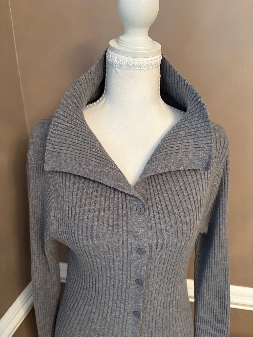 Gray Ribbed Long Button-Front Women's Sweater - Picture 4 of 8